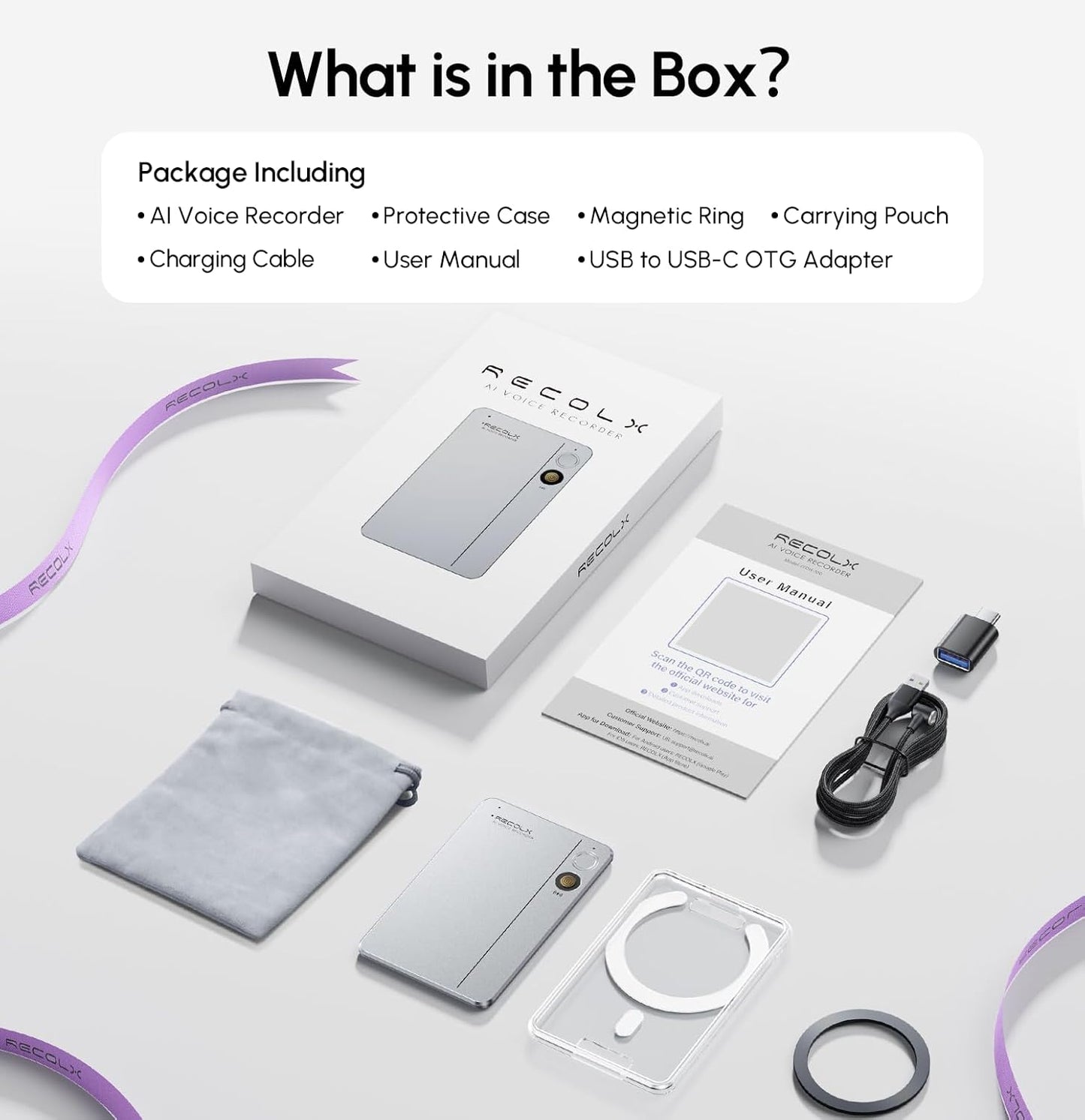 Recolx AI Voice Recorder, App Control, Transcribe & Summarize with 71 Pro Templates, Deep AI Analysis, Record Anytime Anywhere for Meetings, Work, Lectures, 112 Languages, Grey