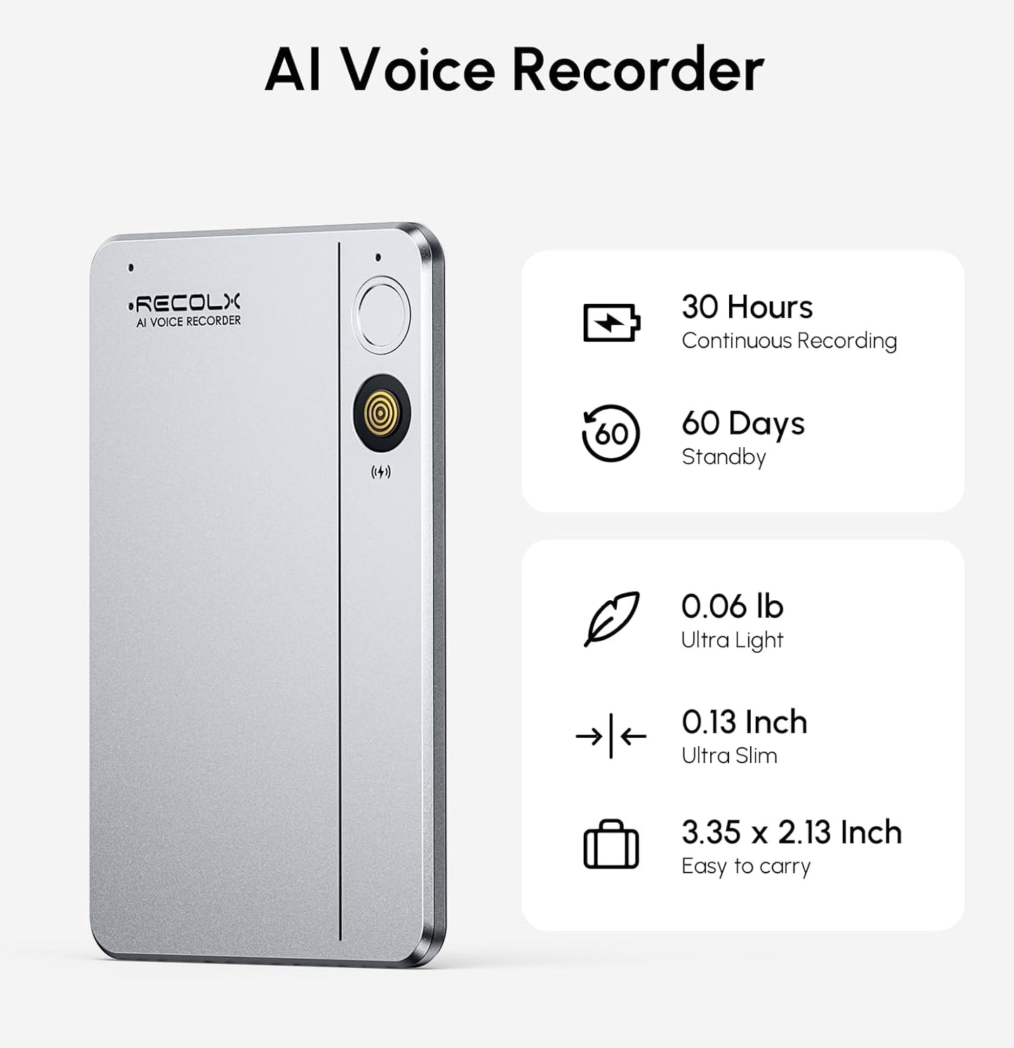 Recolx AI Voice Recorder, App Control, Transcribe & Summarize with 71 Pro Templates, Deep AI Analysis, Record Anytime Anywhere for Meetings, Work, Lectures, 112 Languages, Grey
