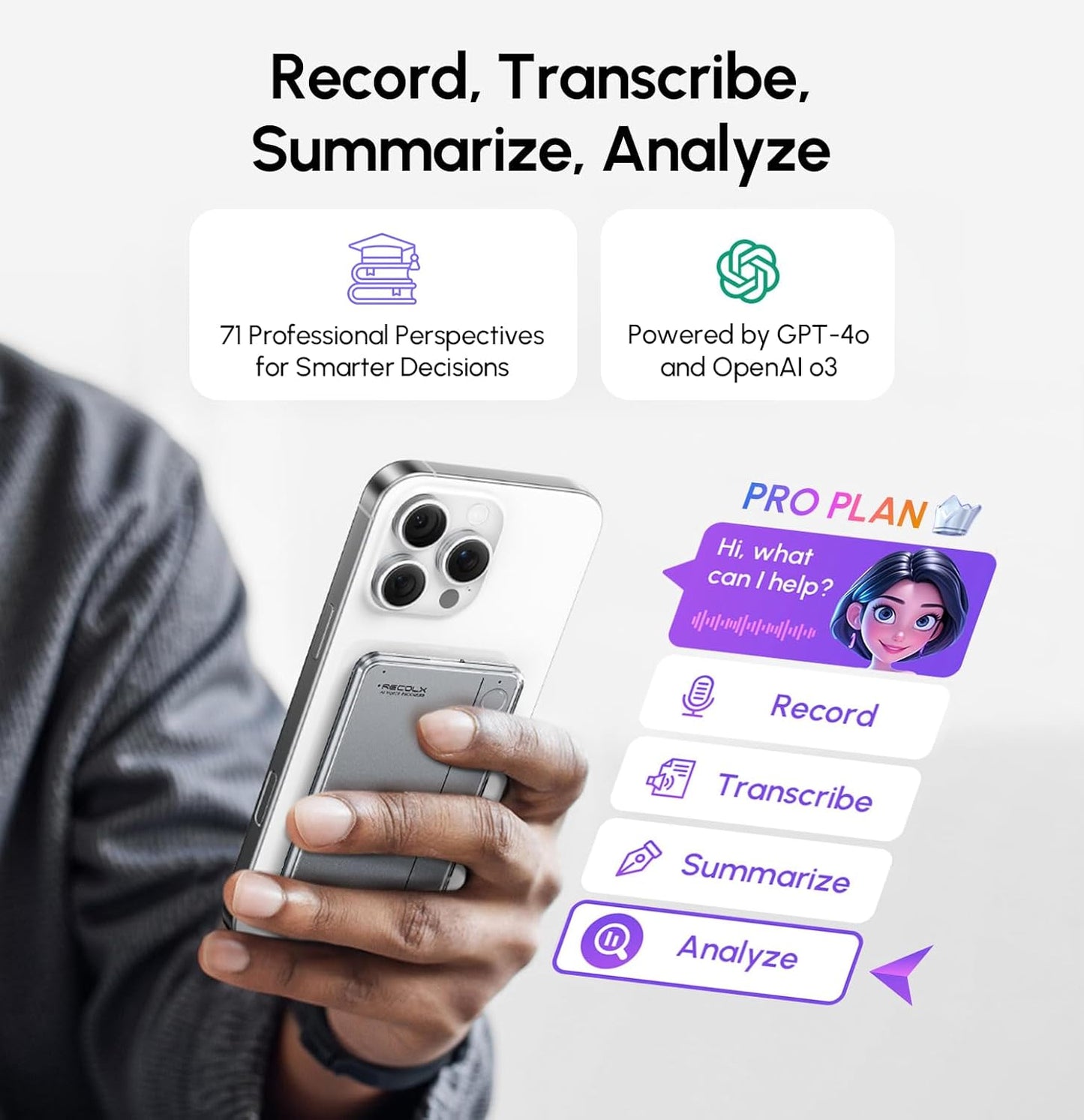 Recolx AI Voice Recorder, App Control, Transcribe & Summarize with 71 Pro Templates, Deep AI Analysis, Record Anytime Anywhere for Meetings, Work, Lectures, 112 Languages, Grey