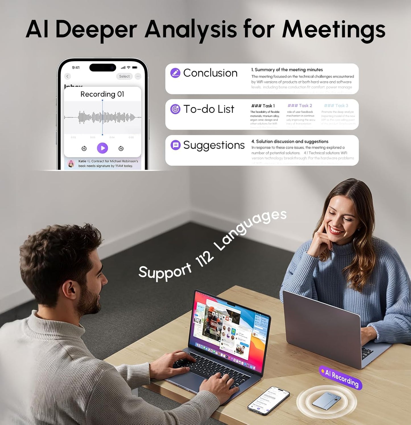 Recolx AI Voice Recorder, App Control, Transcribe & Summarize with 71 Pro Templates, Deep AI Analysis, Record Anytime Anywhere for Meetings, Work, Lectures, 112 Languages, Grey
