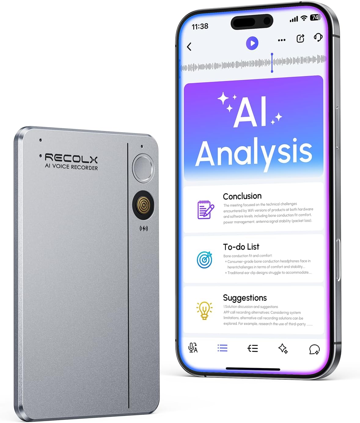Recolx AI Voice Recorder, App Control, Transcribe & Summarize with 71 Pro Templates, Deep AI Analysis, Record Anytime Anywhere for Meetings, Work, Lectures, 112 Languages, Grey