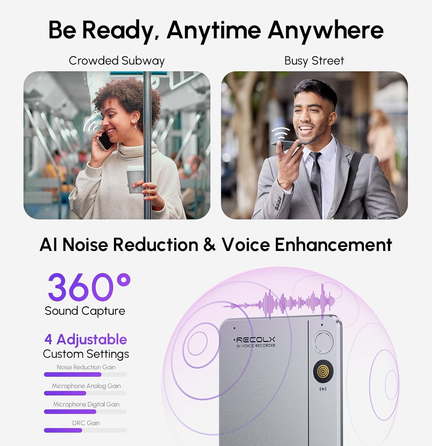 Recolx AI Voice Recorder, App Control, Transcribe & Summarize with 71 Pro Templates, Deep AI Analysis, Record Anytime Anywhere for Meetings, Work, Lectures, 112 Languages, Grey