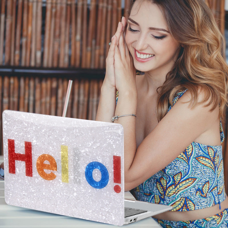 "Hello" glitter pearl shell macbook case